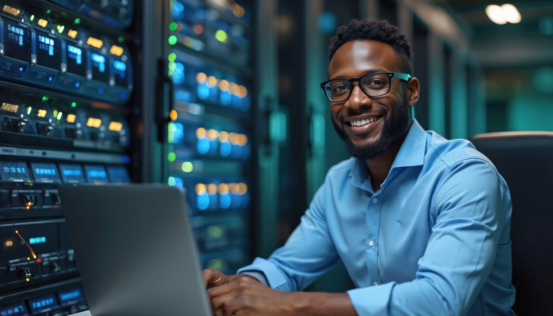 African American man works on laptop in server room. engineer smiles, sits at computer next to data racks with glowing lights. Professional tech person manages network infrastructure, ensures system