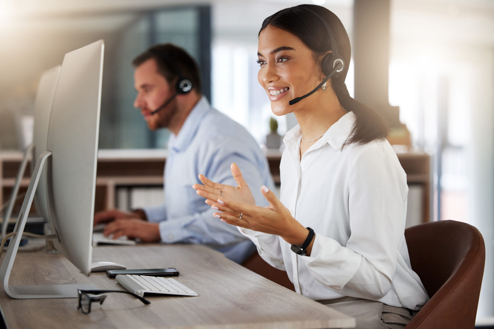 Call center, consulting and computer with woman in office for communication, customer service or help desk. Telemarketing, sales and advice with female employee for commitment, contact us and hotline